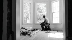 Construction worker installing new windows